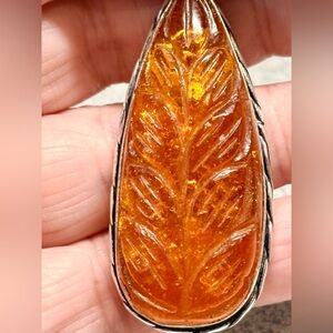 Carved created Amber Leaf Pendant Necklace